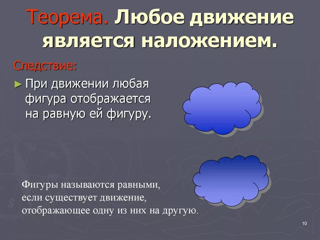 12 любых движения. При движении любая фигура отображается на равную ей фигуру. Наложения и движения. Наложение и движение в геометрии. Теорема наложения.