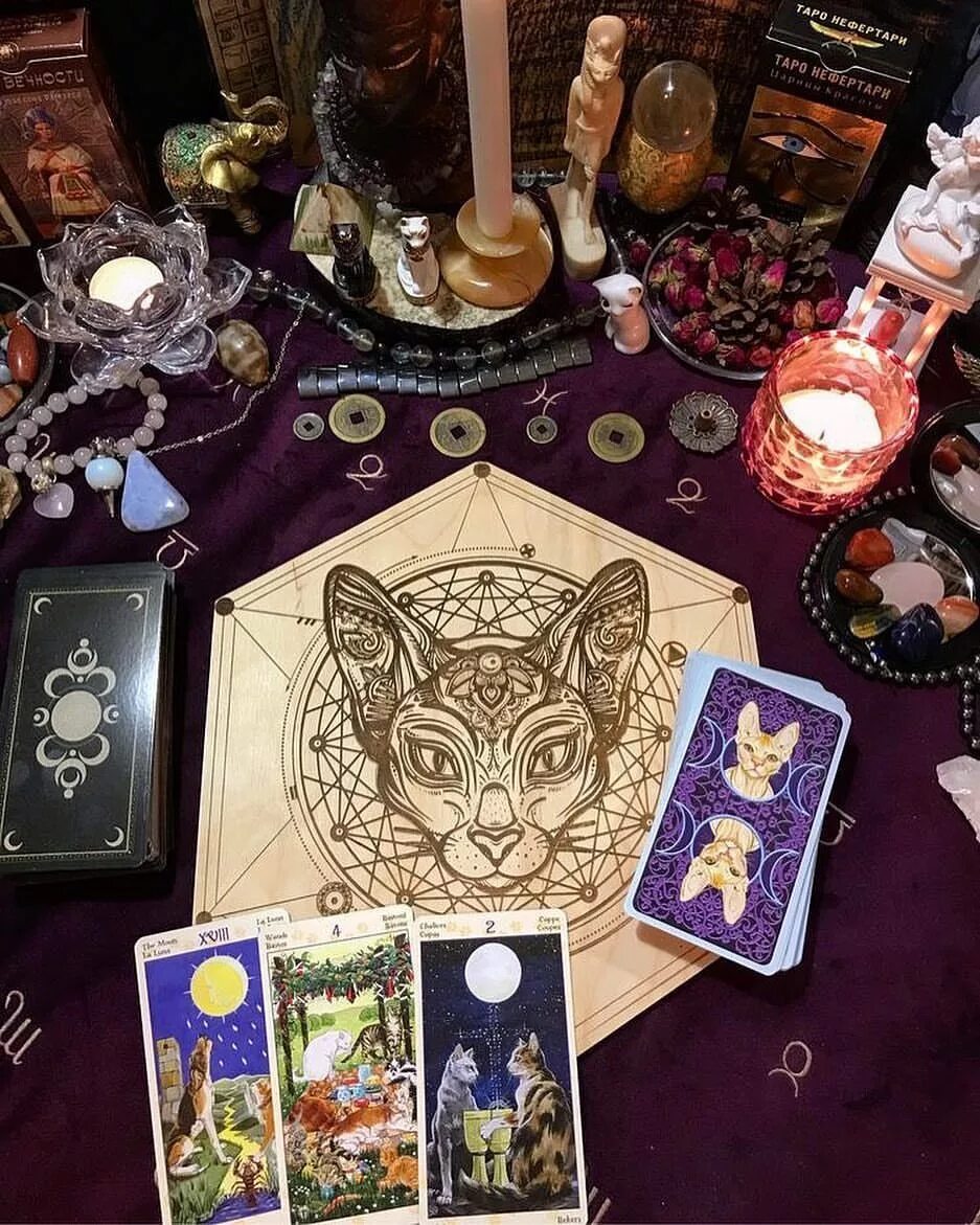 Эзотерика гадание таро. Викканство алтарь. Bastet Tarot карты. Алтарь таролога. Магические атрибуты.