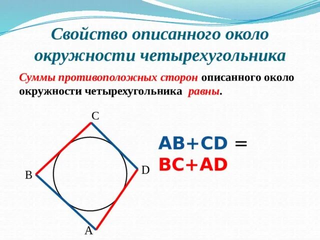 Суммы противолежащих сторон равны. Свойства четырехугольника описанного около окружности. Свойство сторон четырёхугольника описанного около окружности. Свойство и признак четырехугольника описанного около окружности. Свойство описанного четырехугольника в окружность.