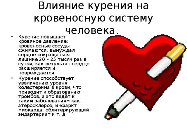 Как влияет курение табака на кровеносную систему. Влияние курения табака на кровеносную систему. влияние курения и алкоголя на кровеносную систему. влияние табакокурения на сердце. влияние наркотиков на кровеносную систему.