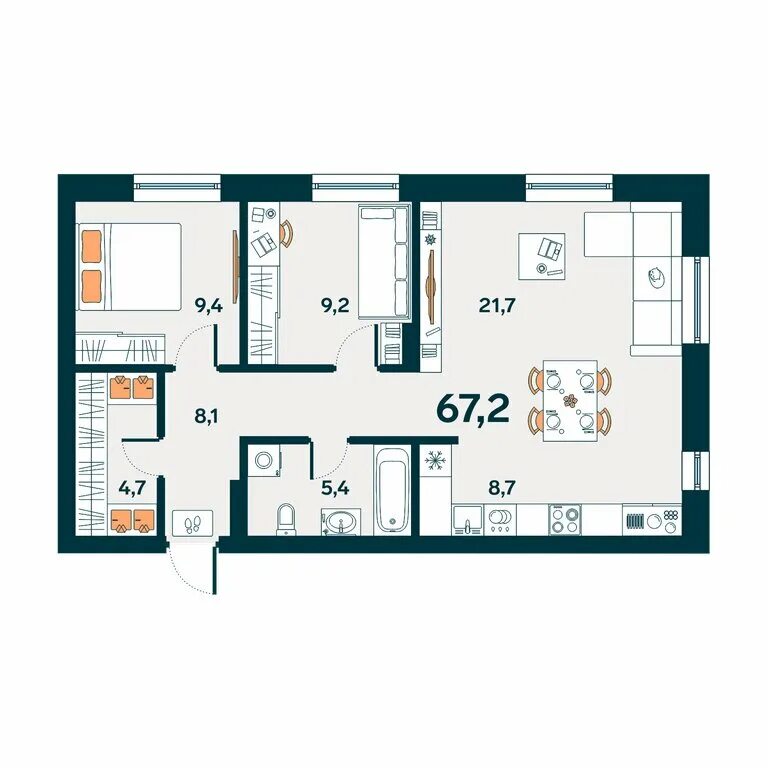 Купить 2-комнатную квартиру 65,7 м² в ЖК "Да. Квартал Централь" по адресу Тюмень