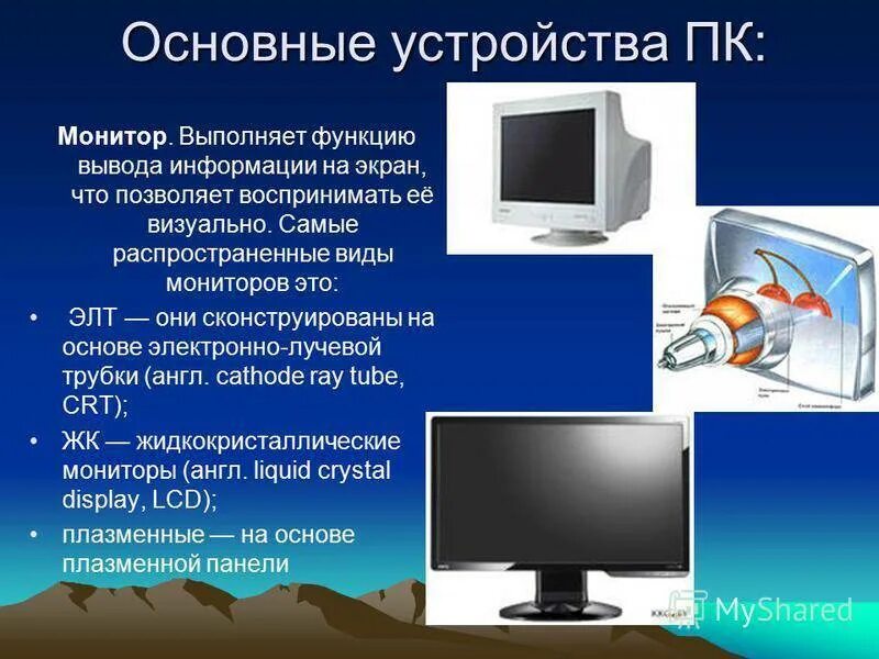 Основные устройства монитора. Монитор функционал. Монитор роль. Основные функции монитора.