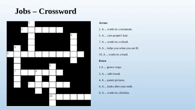 Make a crossword. Jobs crossword. Jobs crossword 1 ответы. Кроссворд jobs. Half a crossword jobs 4 класс.