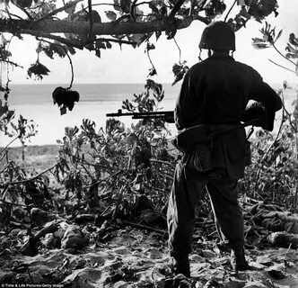 Alone: A Marine, pictured in July 1944, looks at the bodies of Japanese sol...