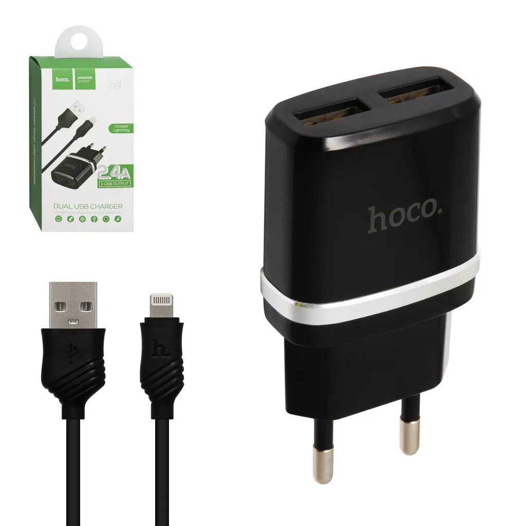 Зарядка для телефона hoco. СЗУ/2usb Hoco c12 2.4a. Сетевое з/у Hoco c12 2usb 2.4a с кабелем Lightning черный (1/10/100) 64107. СЗУ USB 2 порта 2.4а iphone 8 Pin c12 Black Hoco. Сетевое зарядное устройство USB Hoco c12 (2 a, 2 порта) черный.