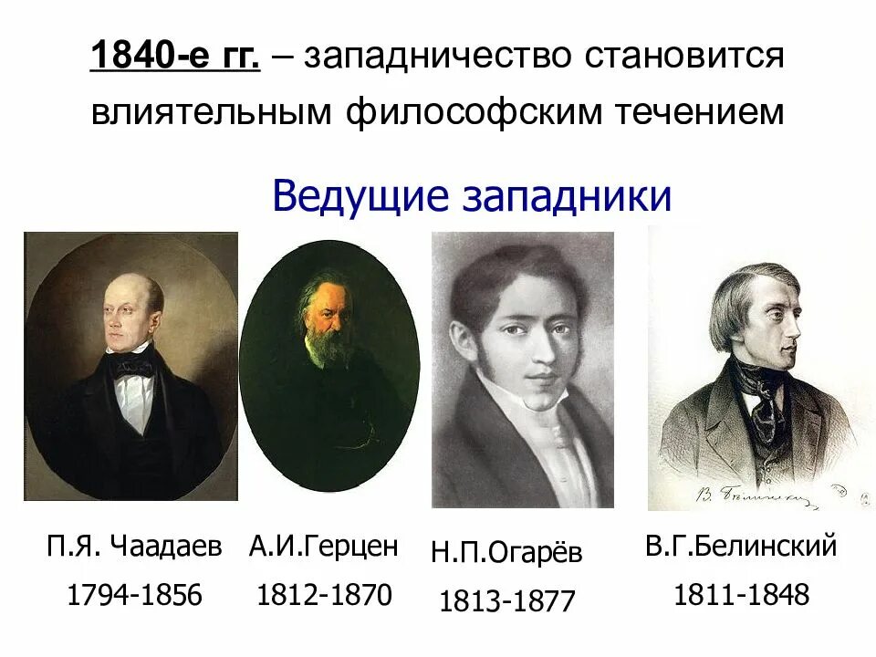 Течения западничества. Представители западничества философии в россии. западники 1840-1860. в.г. белинский, а.и. герцен, н.п. огарев. западники чаадаев станкевич.