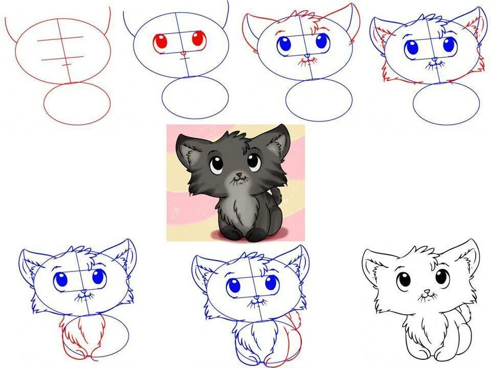Рисование кошечку. Поэтапное рисование кошки. Кошка рисунок поэтапно. Котик рисунок поэтапно. Поэтапное рисование кошки для детей.