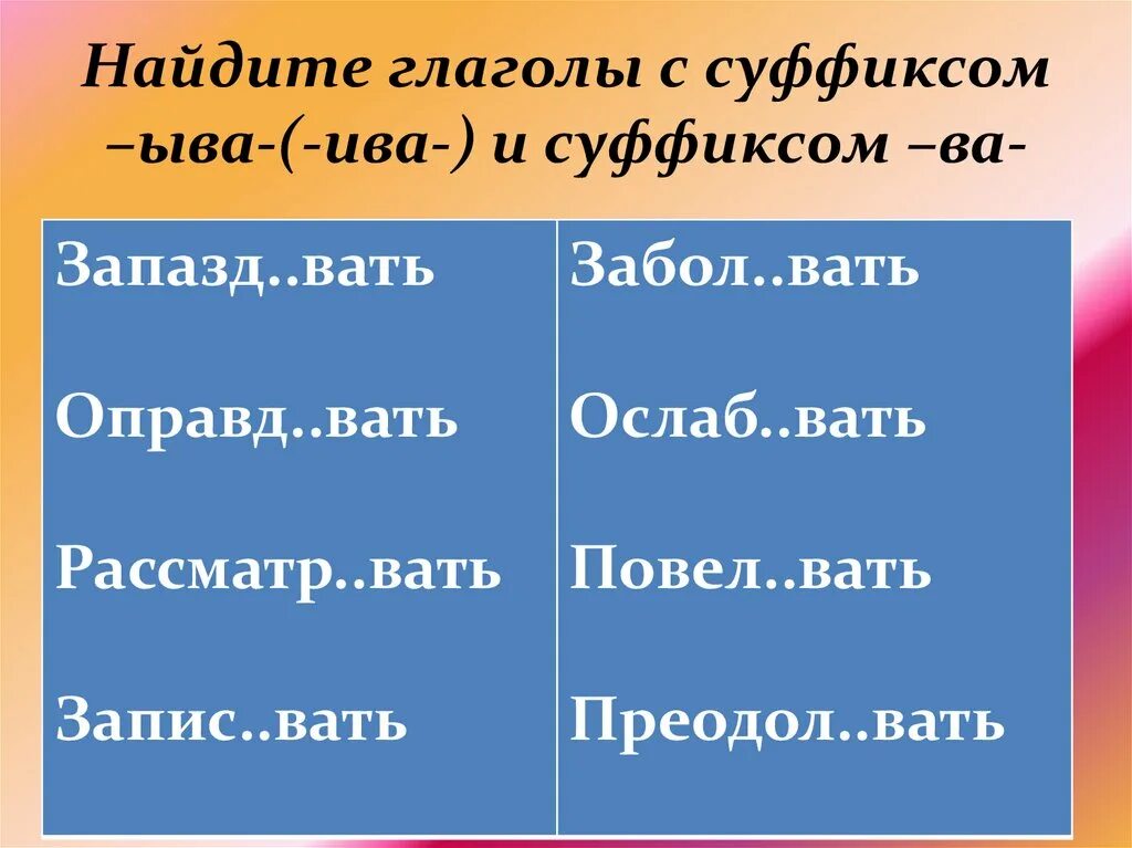 Ив ев упражнения. Глаголы с суффиксом ыва. Суффикс ыва Ива в глаголах. Суффикс ва у глаголов.