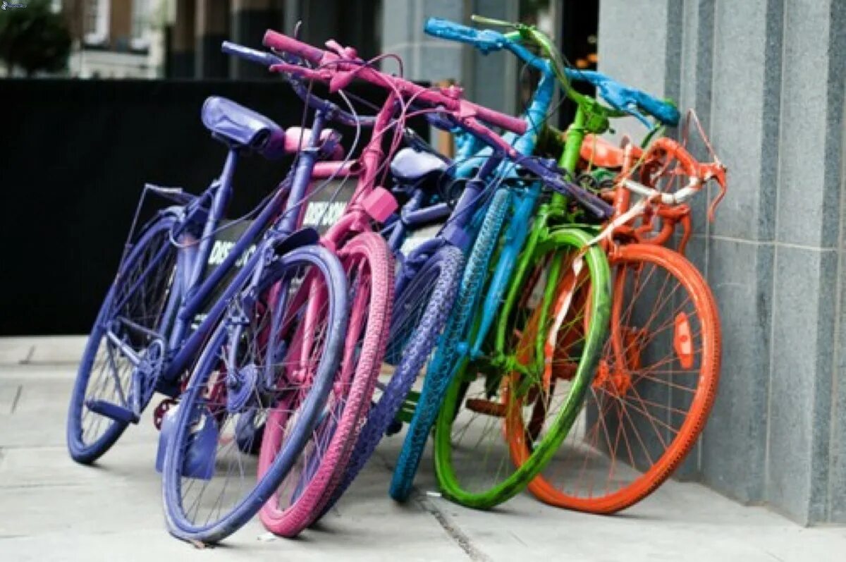 Велосипед в хорошем состояние. Красивые велосипеды. Много велосипедов. Разноцветный велосипед. Яркий велосипед.