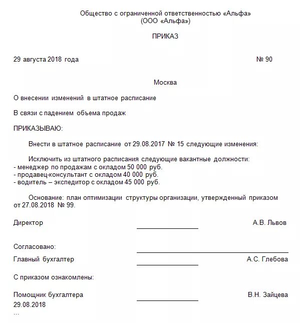 Внести изменения исключив. Приказ об изменении штатного расписания. Приказ о введении штатного расписания. Приказ о вводе штатного расписания. Приказ на вывод должности из штатного расписания.