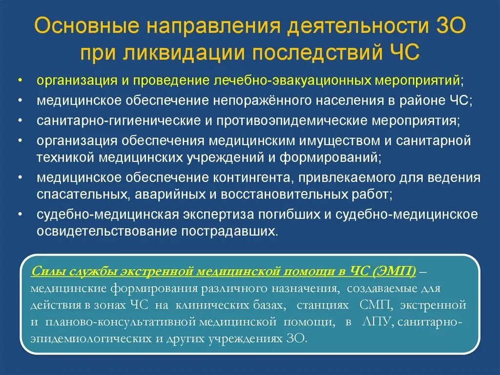 Основные мероприятия медицинского обеспечения. Основные направления деятельности ЧС. Организация лечебно-эвакуационных мероприятий. Направление деятельности медицинской организации. Чс в медицинских учреждениях