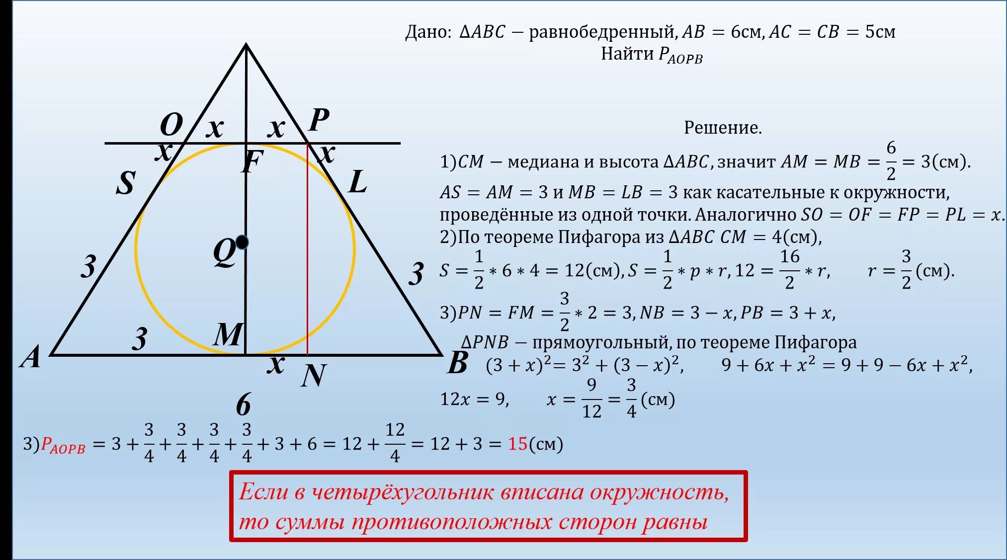 Формула вписанной окружности в равнобедренный треугольник