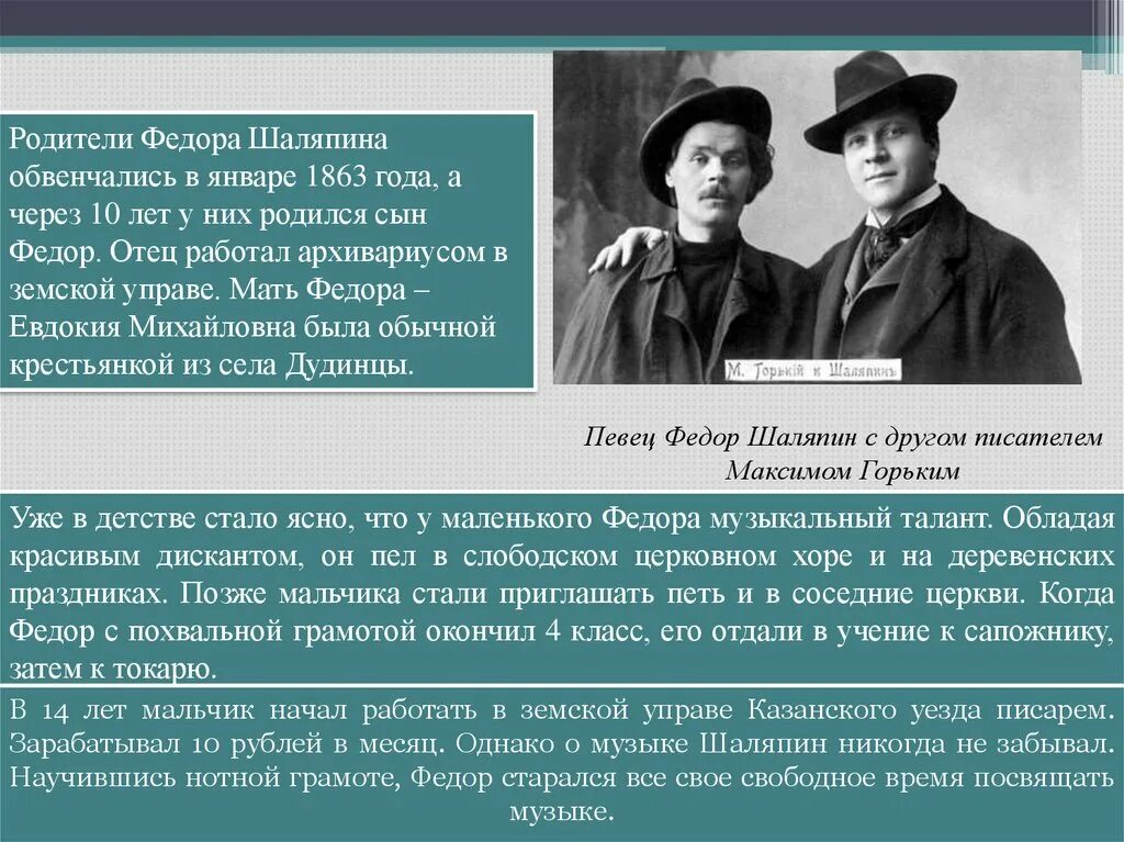 Рассказ о федоре ивановиче шаляпине. Родители Шаляпина Федора Ивановича. Творчество Шаляпина.