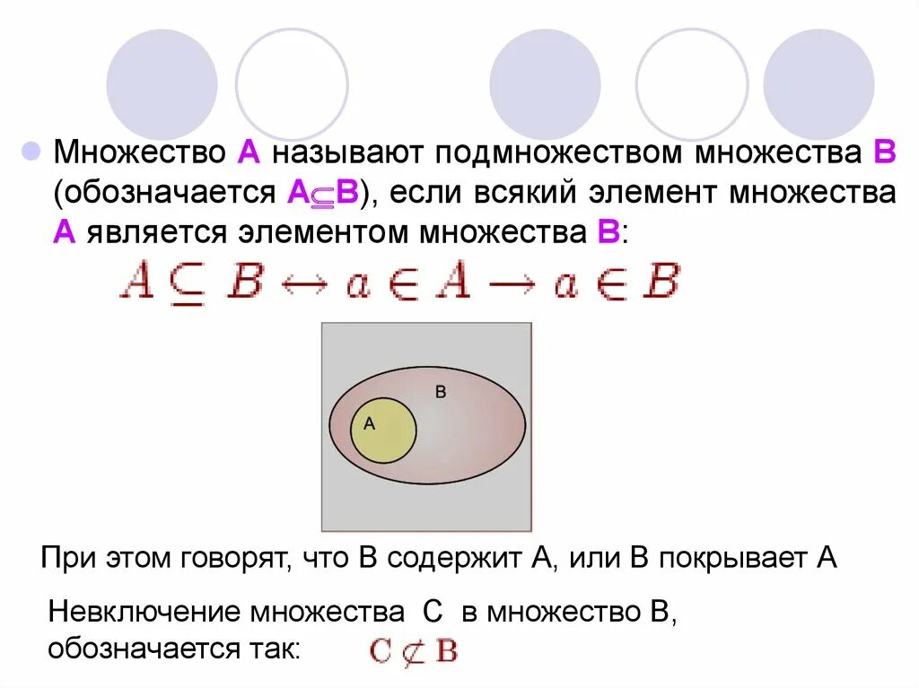 4 принадлежит множеству б. Подмножество. Множества и подмножества. Знаки множества и подмножества. Множество в называют подмножеством множества а если.