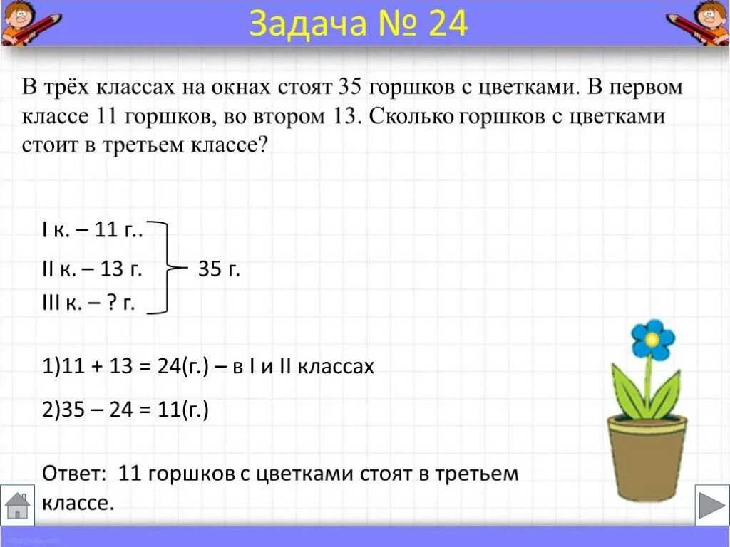 В трех классах на окнах стоят 35 горшков с цветами. Задачи для 1 класса. Ответ задачки с цветочками. В 1 классе стояло 11 горшков с цветками.