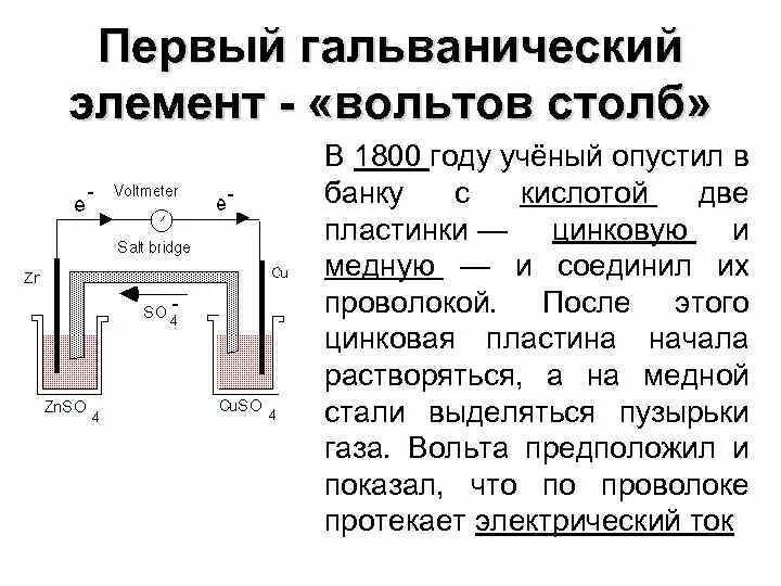 При подключении к батарее гальванических элементов. Схема Медно-цинкового гальванического элемента. Принцип действия гальванического элемента. Гальванический элемент вольта схема. Гальванический элемент или аккумулятор схема.