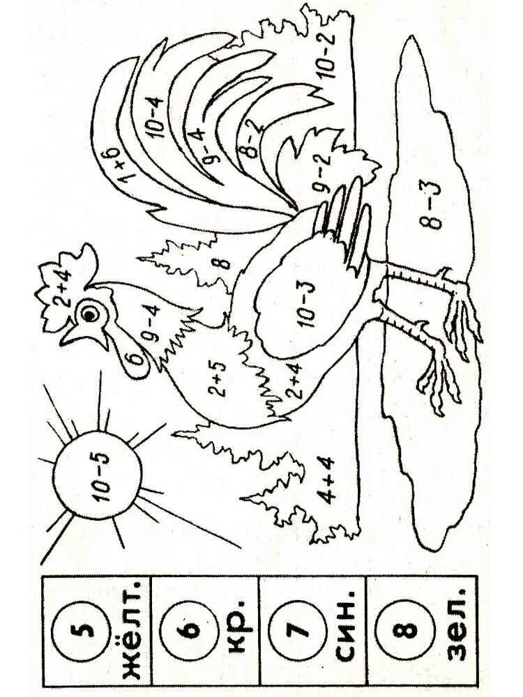 Математическая раскраска. Реши и раскрась. Раскраска с примерами. Примеры в картинках.