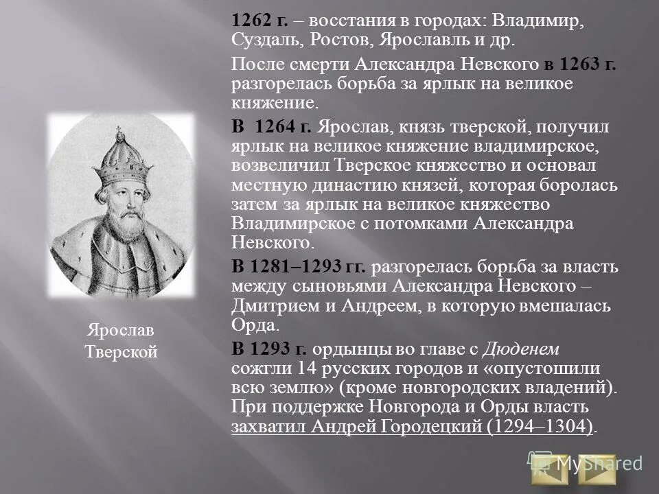 Борьба за великое княжение Владимирское. Восстание 1262 года на Руси.