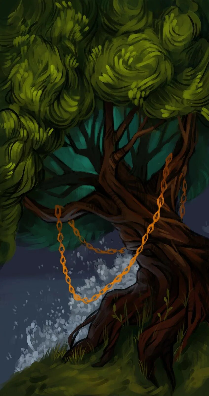 У лукоморья дуб. Сказки пушкина у лукоморья дуб. Дуб зеленый с цепью. Цепь на дереве. Цепь вокруг дерева.
