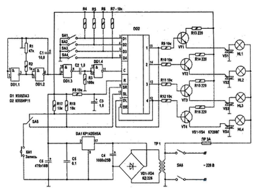 Автомат световых эффектов на 155 микросхемах схема. Схема автомата световых эффектов на микросхемах. Автомат световых эффектов на тиристорах схема. К573рф5 автомат световых эффектов.