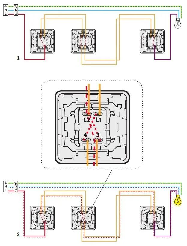 Двухклавишные проходные переключатели с 3 мест схема подключения. Схема проходного выключателя двухклавишного с 3х мест. Схема подключения проходного переключателя с 3х мест. Схема подключения проходного выключателя с 3х мест Legrand.