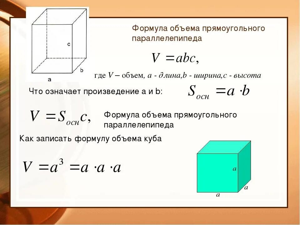 Емкость в форме прямоугольного параллелепипеда. Формула нахождения объема параллелепипеда 5. формулы объема куба прямоугольного параллелепипеда. формула расчета объема прямоугольного куба. формула объёма куба и параллелепипеда.
