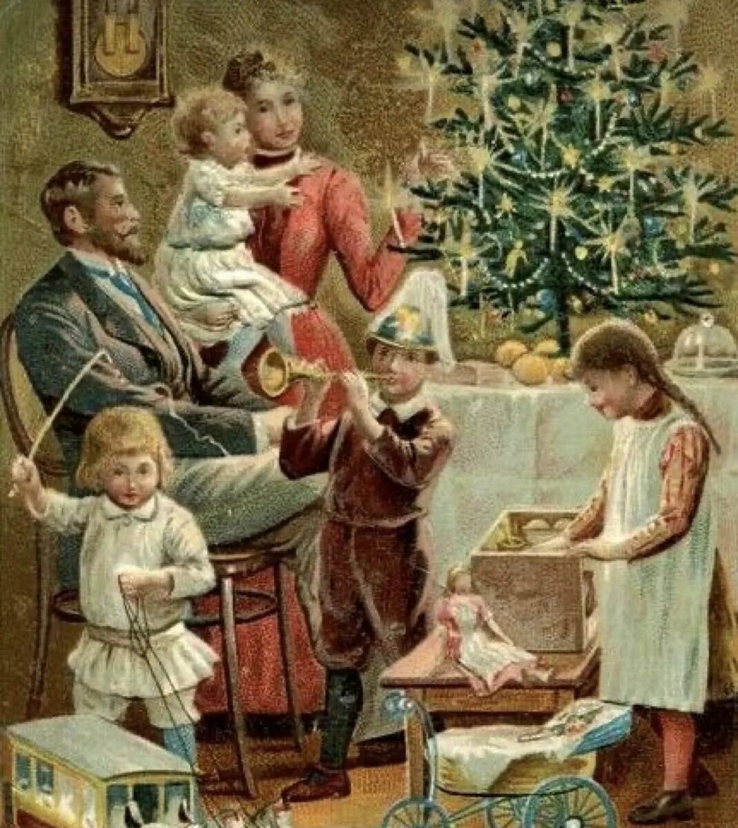 Наступивший год семьи. Рождественская открытка. Рождество 19 век. Рождество в стиле ретро. Старинная Рождественская елка.
