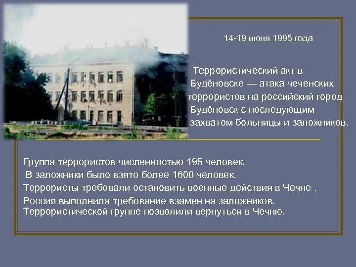 В каком году был терроризм. Террористический акт в будённовске (14—19 июня 1995). Теракт в Буденновске 1995 кратко. 14 Июня 1995 года – Буденновск, захват больницы.