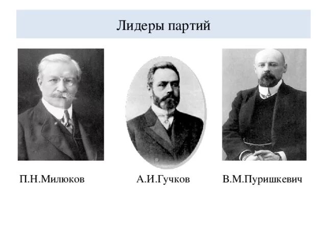 Дубровин и Пуришкевич Лидер партии. Гучков и Милюков партии. А. И. Гучков и п. н. Милюков. Милюков Лидер партии кадетов.