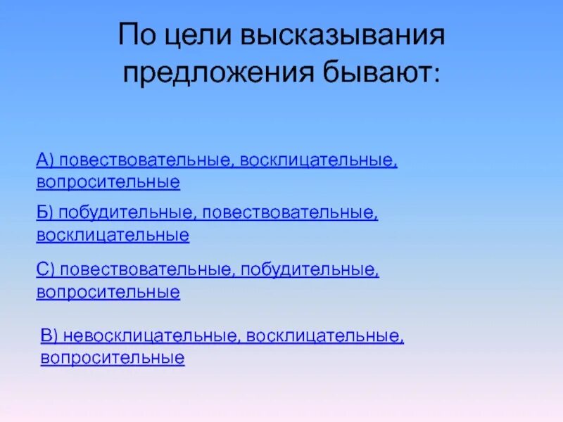 В списке повествовательное невосклицательное предложение. По цели высказывания предложения бывают повествовательные. Побудительное восклицательное вопросительное предложение. Восклицательные предложения по цели высказывания. Предложение побудительное и воск.