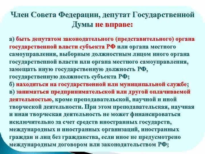 Депутат государственной Думы не вправе:. Полномочия членов совета Федерации. Условия деятельности депутата государственной Думы РФ.