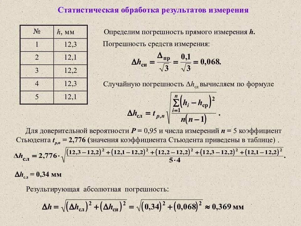 Расчетно статистический метод. Как рассчитать случайную погрешность. Как считать статическую погрешность. Формула обработки прямых измерений. Коэффициент Стьюдента погрешность.