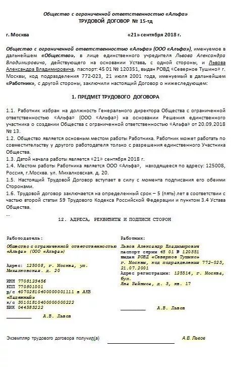 Договор с единственным участникам общества