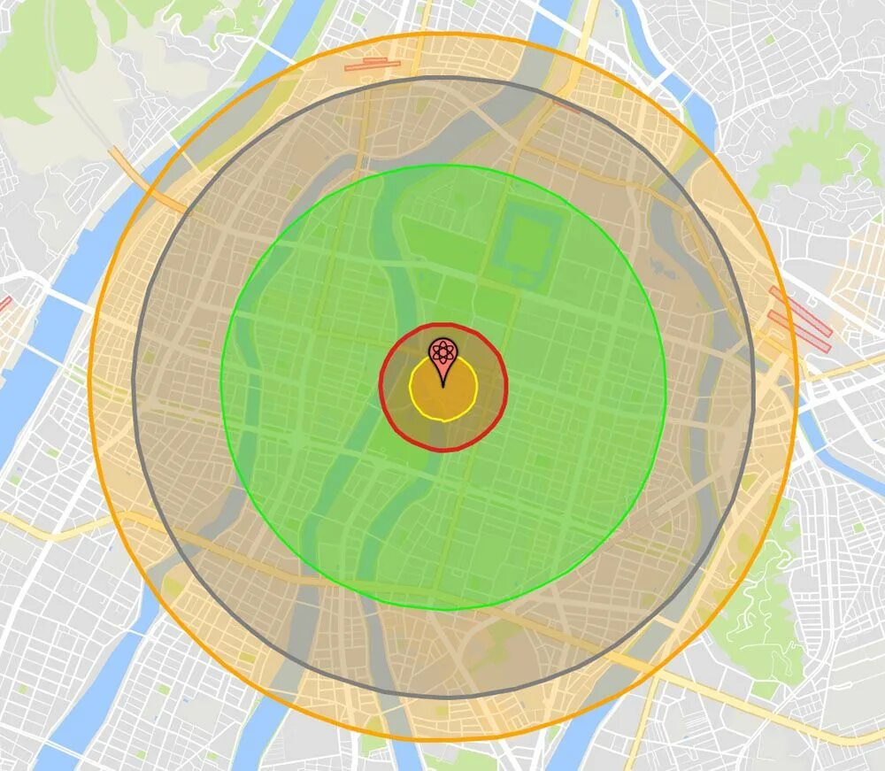 Зона поражения бомбы. Ядерный взрыв радиус поражения на карте. Радиус поражения атомной бомбы 300 килотонн. Радиус зоны поражения ядерной бомбы. Симулятор зоны поражения атомной бомбы.