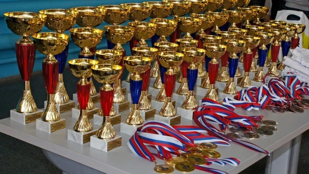 Спортивные награды. Кубки и медали. Много медалей и кубков. Спортивные кубки и медали.