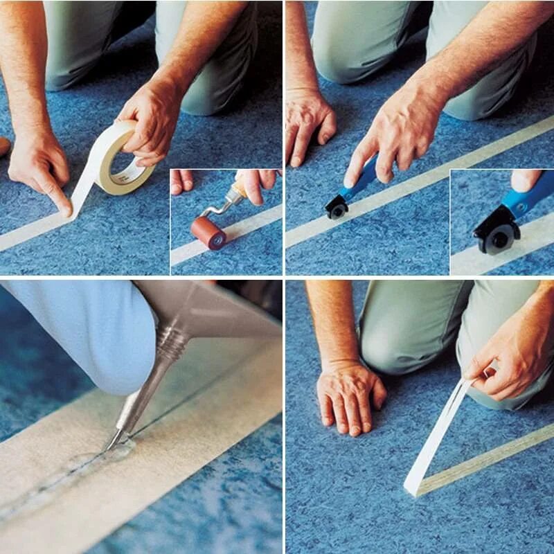 Склейка стыков линолеума. Клейкая лента для швов линолеума. Заклеить дырку на обоях. Починить линолеум. Склейка стыков линолеума.