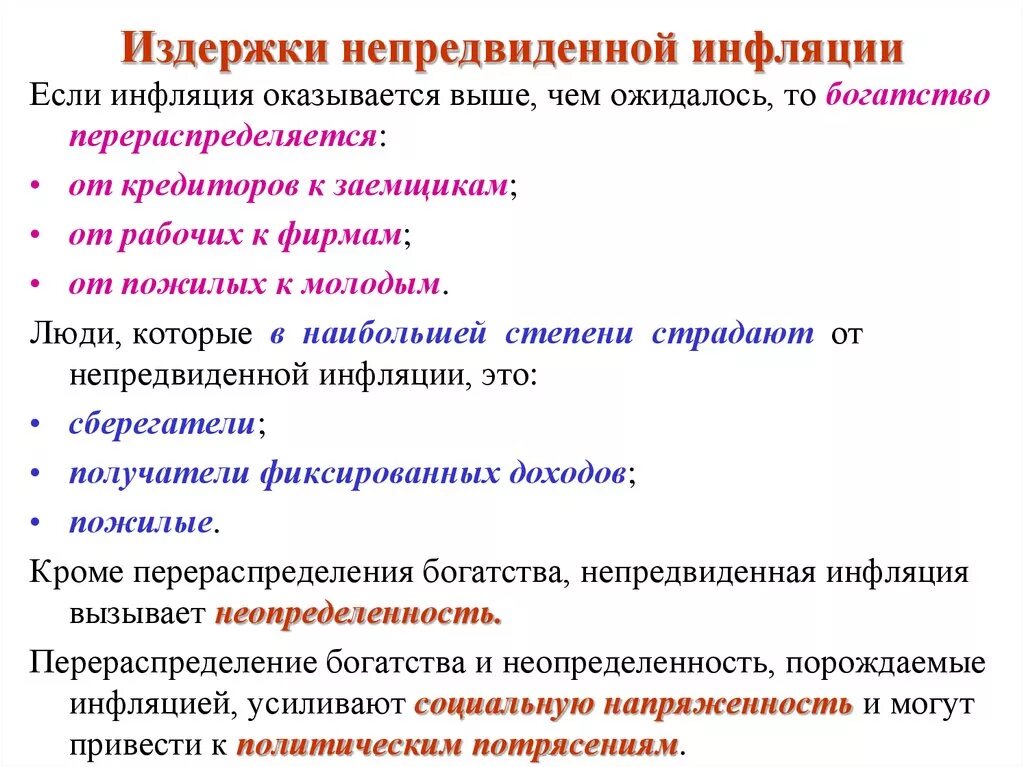 Меньше всего страдают от инфляции. Издержки неожиданной инфляции. Издержки борьбы с инфляцией. Причины инфляции издержек. Непредвиденная инфляция.