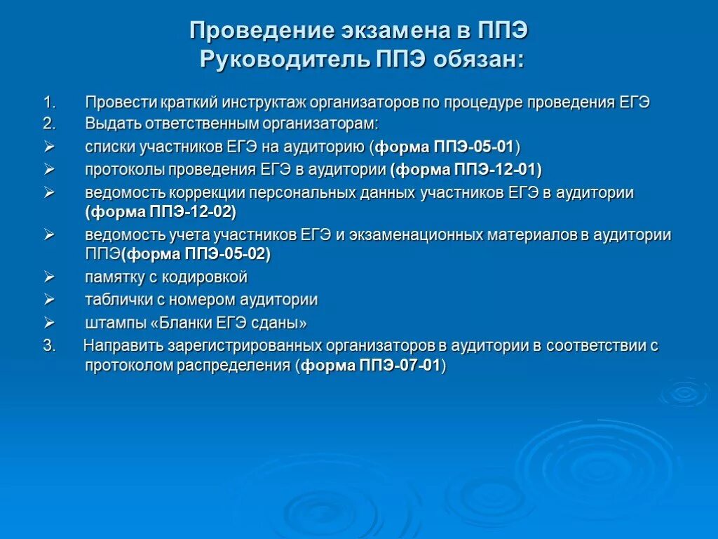 Ппэ 15. Инструктаж организаторов ППЭ. Инструктаж организаторов в день экзамена. Формы проведения экзамена. Руководитель ППЭ.