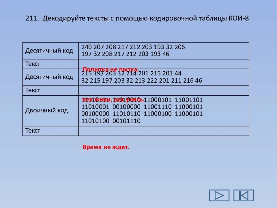 Декодируй следующее сообщение с помощью кодировочной таблицы. Декодируйте с помощью кодировочной таблицы следующие тексты.