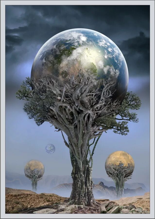 Рождение земной жизни. Необычные планеты. Планета с деревьями. Дерево сюрреализм. Сюрреализм планеты.
