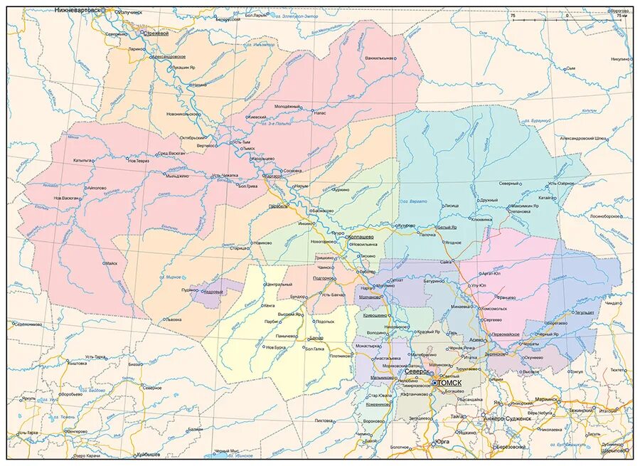 Томская область города карта. Карта Томской области с населенными. Административная карта Томской области. Физическая карта Томской области. Подробная карта Томской области.