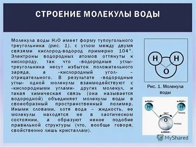 Структура молекулы воды. Строение молекулы воды. Угол между атомами водорода в молекуле воды. Свойства молекулы воды.