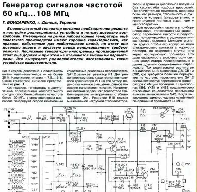 Простой генератор сигналов. Генератор сигналов 60 кгц-108 мгц. генераторы схемотехника. сигнал генератор до 30 мгц своими руками. стабильный генератор плавного диапазона.