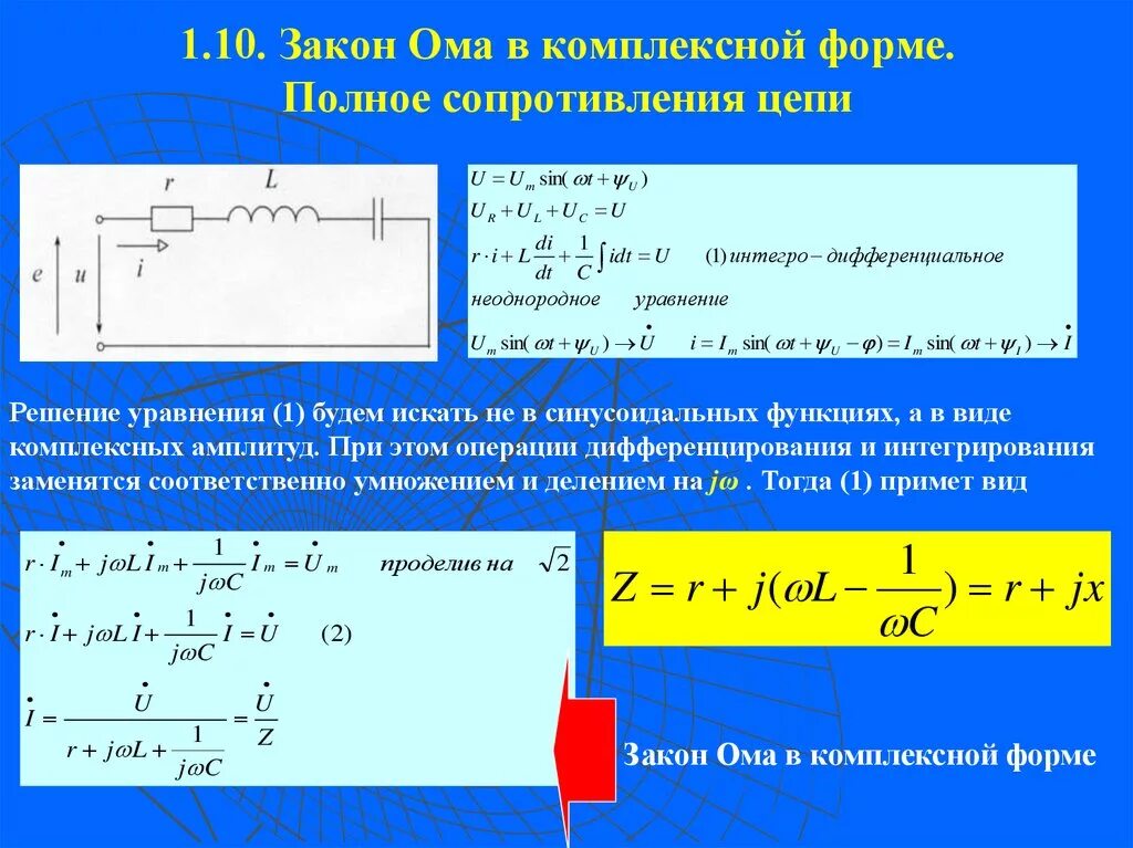 Сопротивления в цепи переменного тока в комплексной форме. Закон Ома для полной цепи переменного тока формула. Формула закона Ома для цепи переменного напряжения. Полное сопротивление цепи переменного тока. Определить фазу полного сопротивления