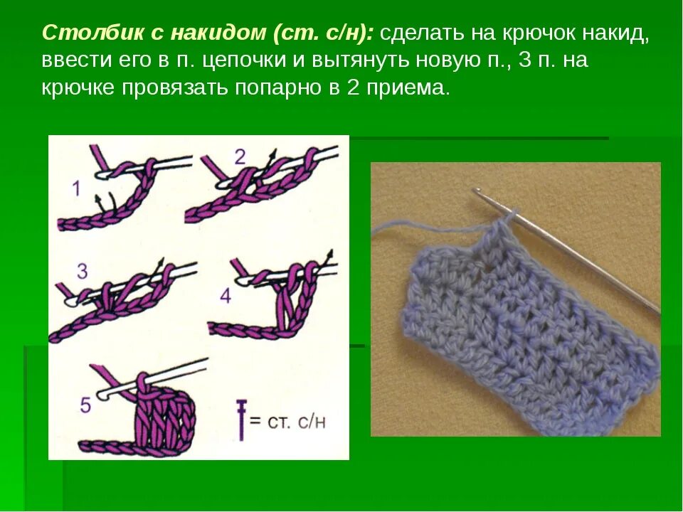Схема вязания крючком столбик с накидом. Столбик с накидом крючком. Столбик с накидами крючком. Стллбик с накидо. Столбик б н