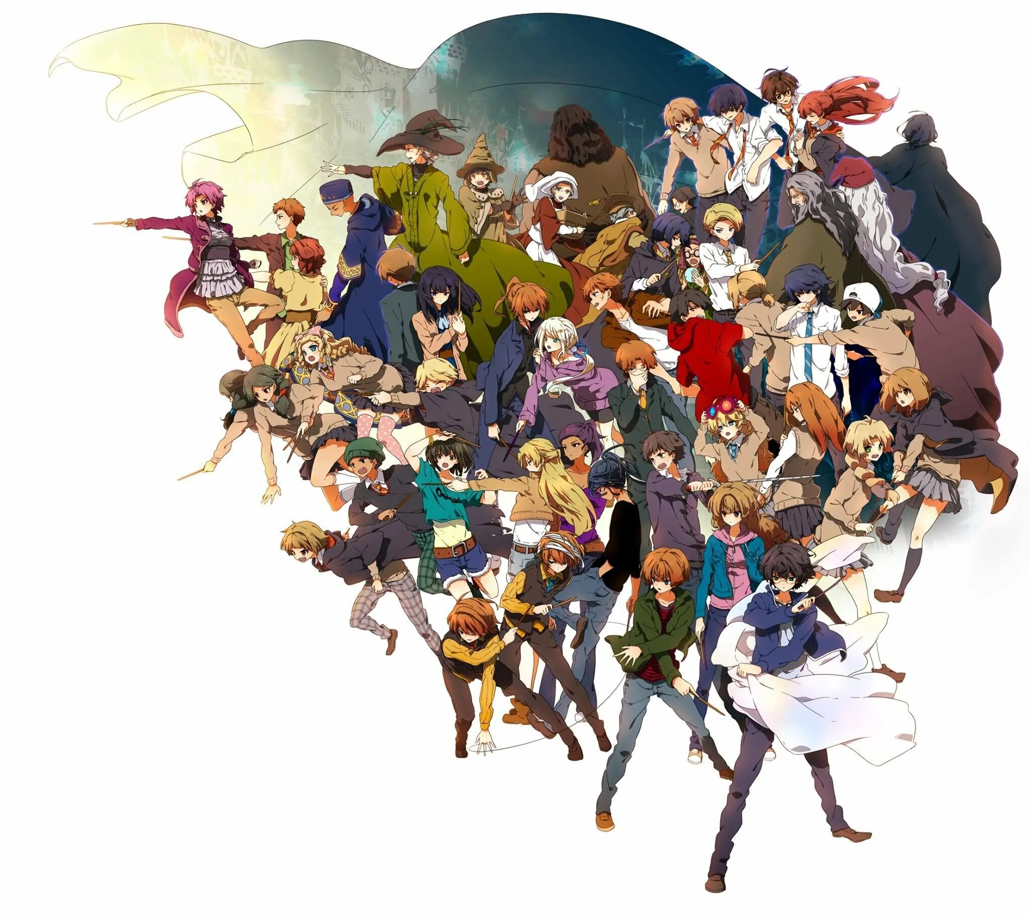 Персонажи разных цветов. Много персонажей. Мультяшные лица в разных стилях. Много персонажей. Harry potter anime style.