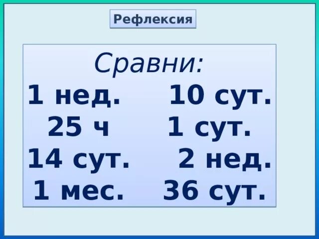 4 сут час. Сравни 1сут...1 нед. Таблица сут ч. 3 Сут-15час. 3сут 3ч3ч = ?.