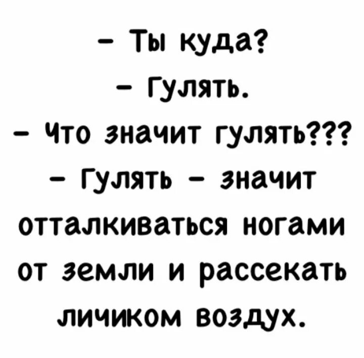 Значит погулять. Что такое гулять рассекать личиком воздух. Гулять это отталкиваться ногами от земли и личиком рассекать воздух. Ты куда гулять что значит гулять. Гулять - отталкиваться ногами от земли и.