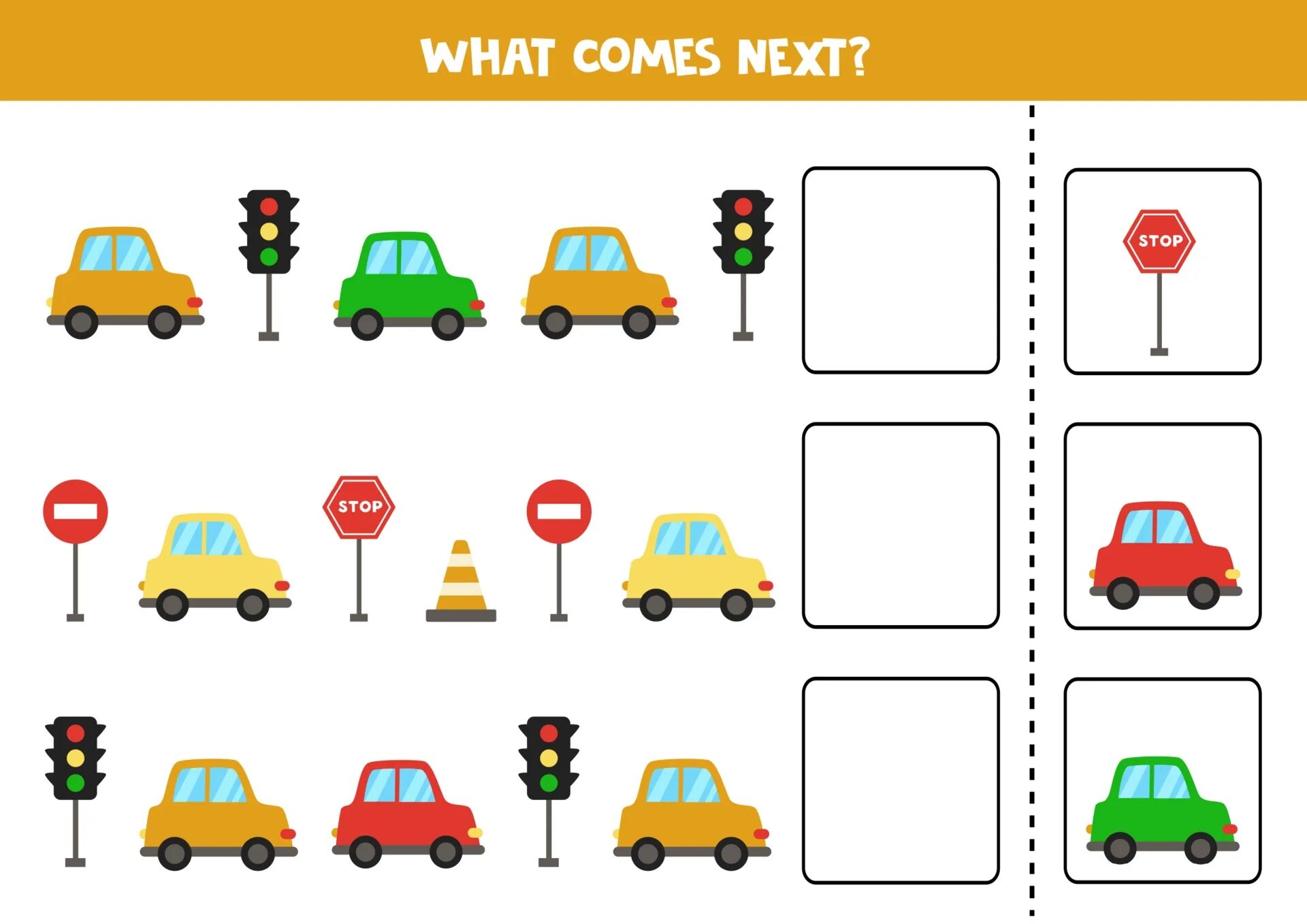 What comes next. What comes next car. Learning Yellow Color for Preschool Kids. Educational Worksheet. Pro vector. Learning Pink Color for Preschool Kids. Educational Worksheet. Pro vector.