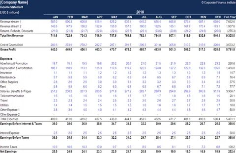 calculations of monthly income on a profit and loss template. 